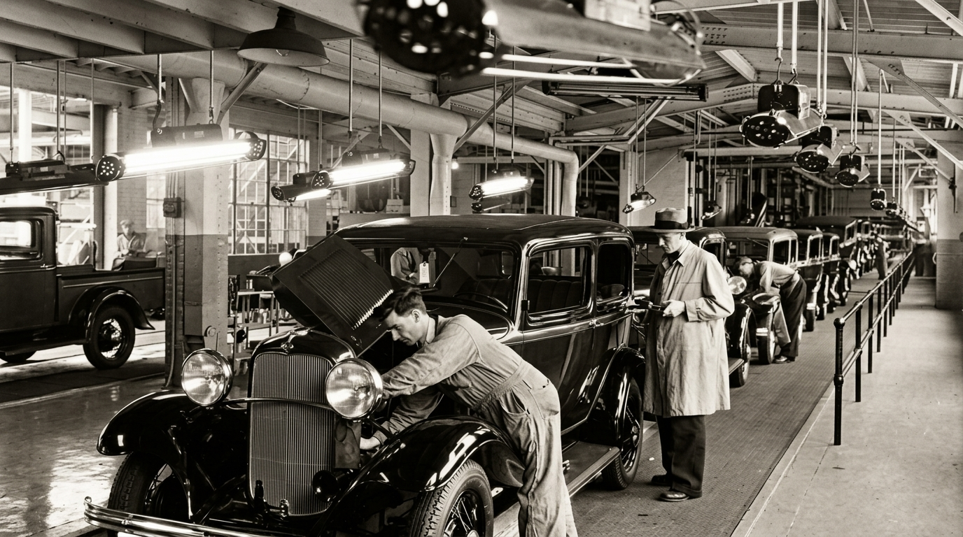 Ford assembly line in Michigan in the early automobile era