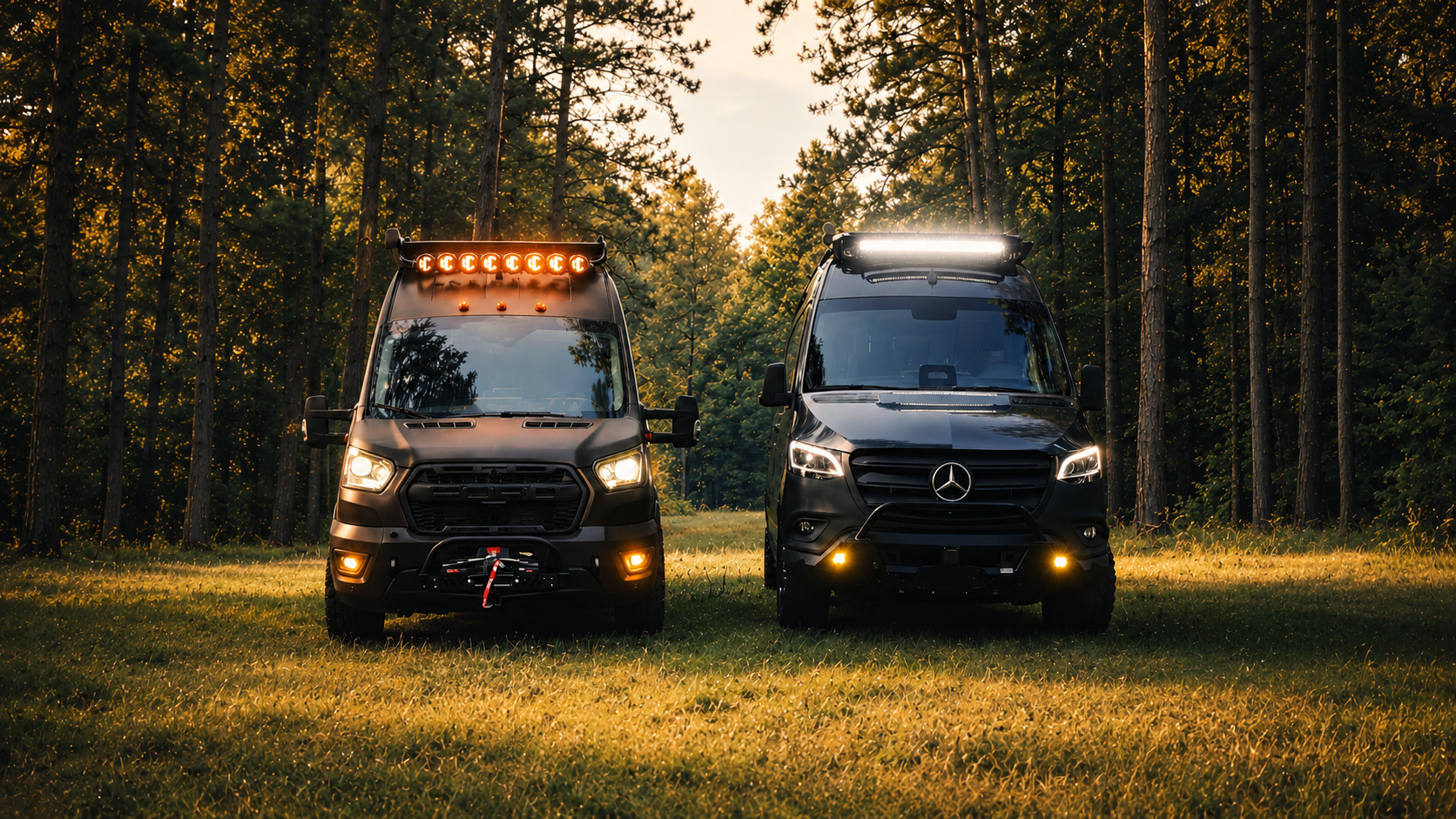 Two Drifter campervans, one Ford and one Mercedes-Benz, side by side in a forest clearing