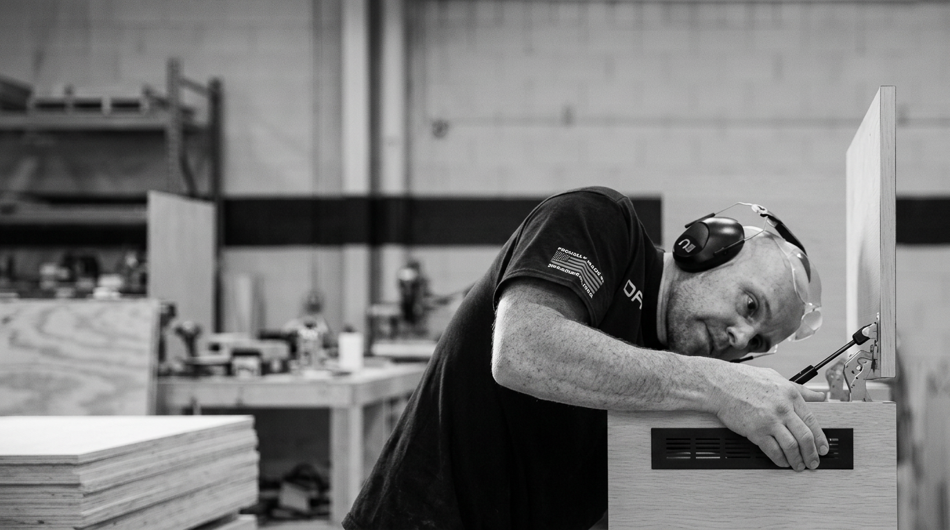 Paul Domish checking cabinet hardware at eye level in the Drifter workshop