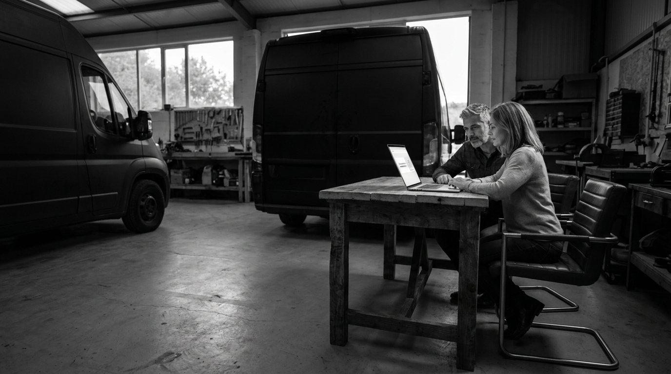Two owners reviewing their Owner Studio build page at a table in the Drifter workshop