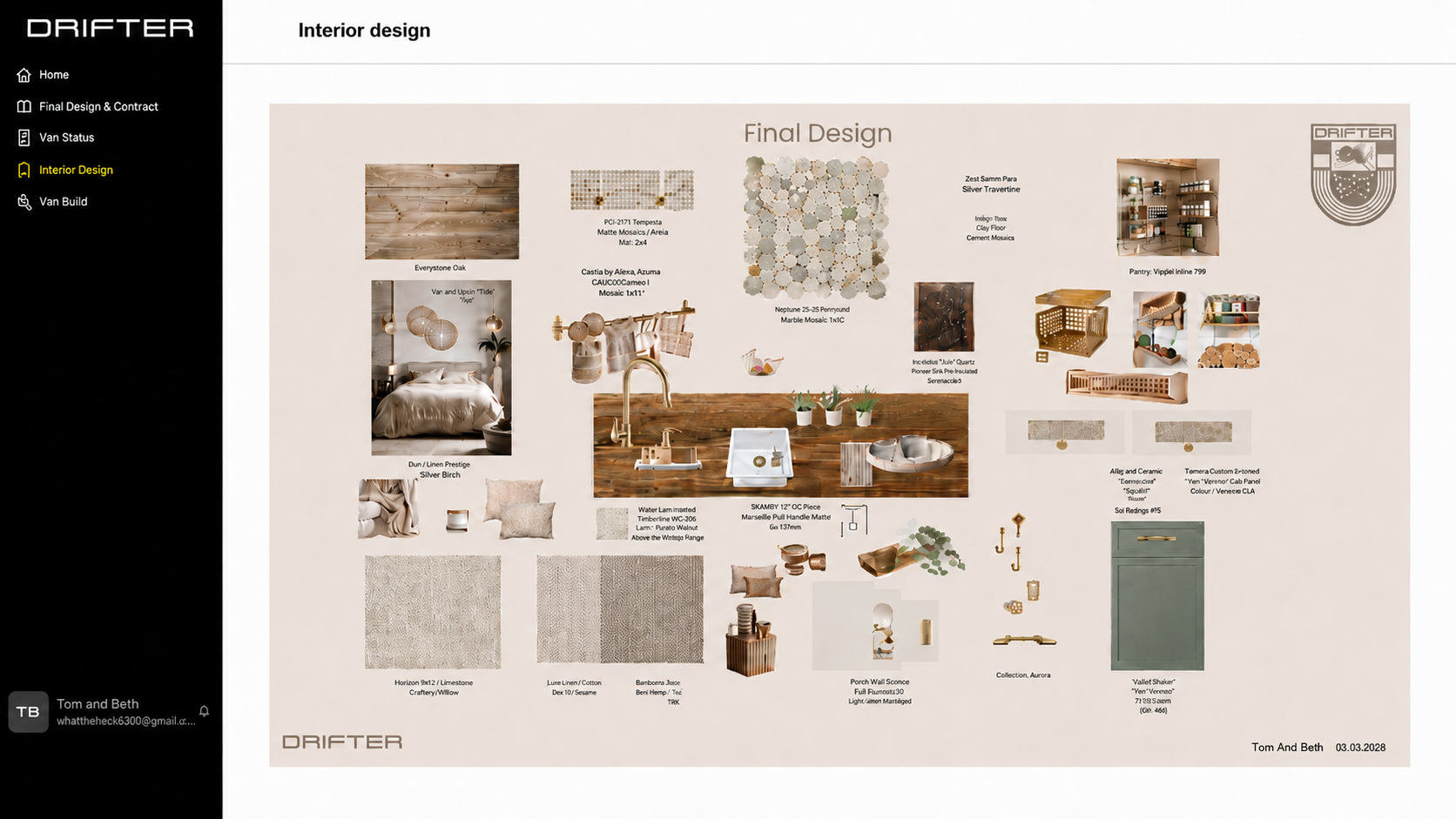Drifter Owner Studio interior design page showing a final design board of materials and fixtures