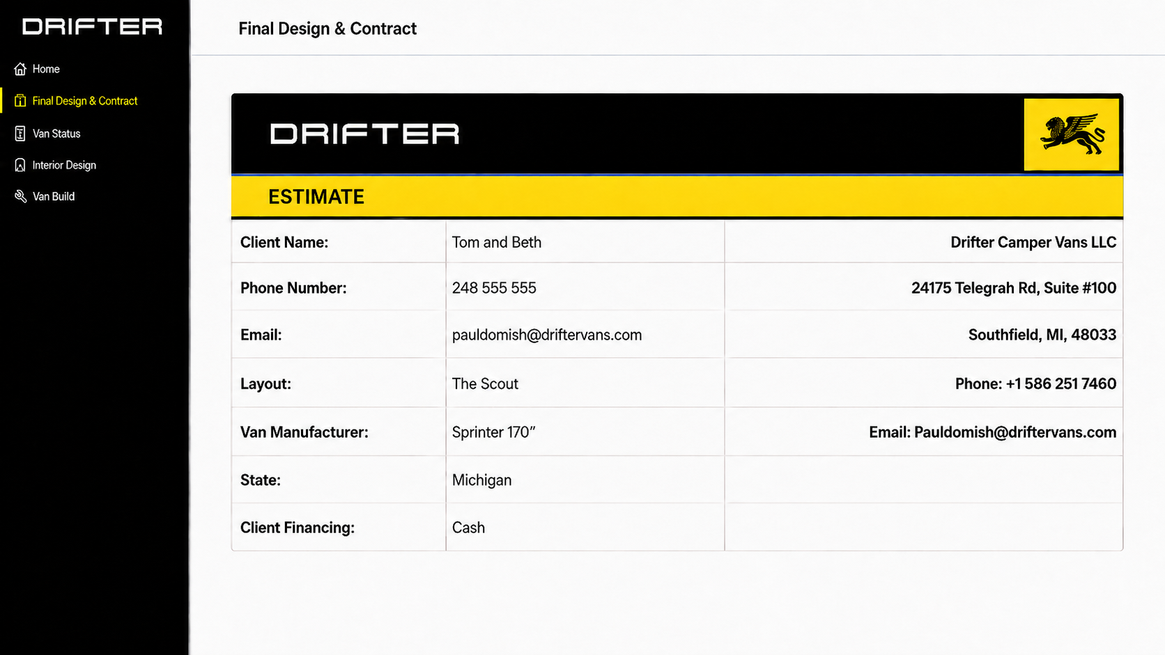 Drifter Owner Studio estimate screen for a Sprinter commission