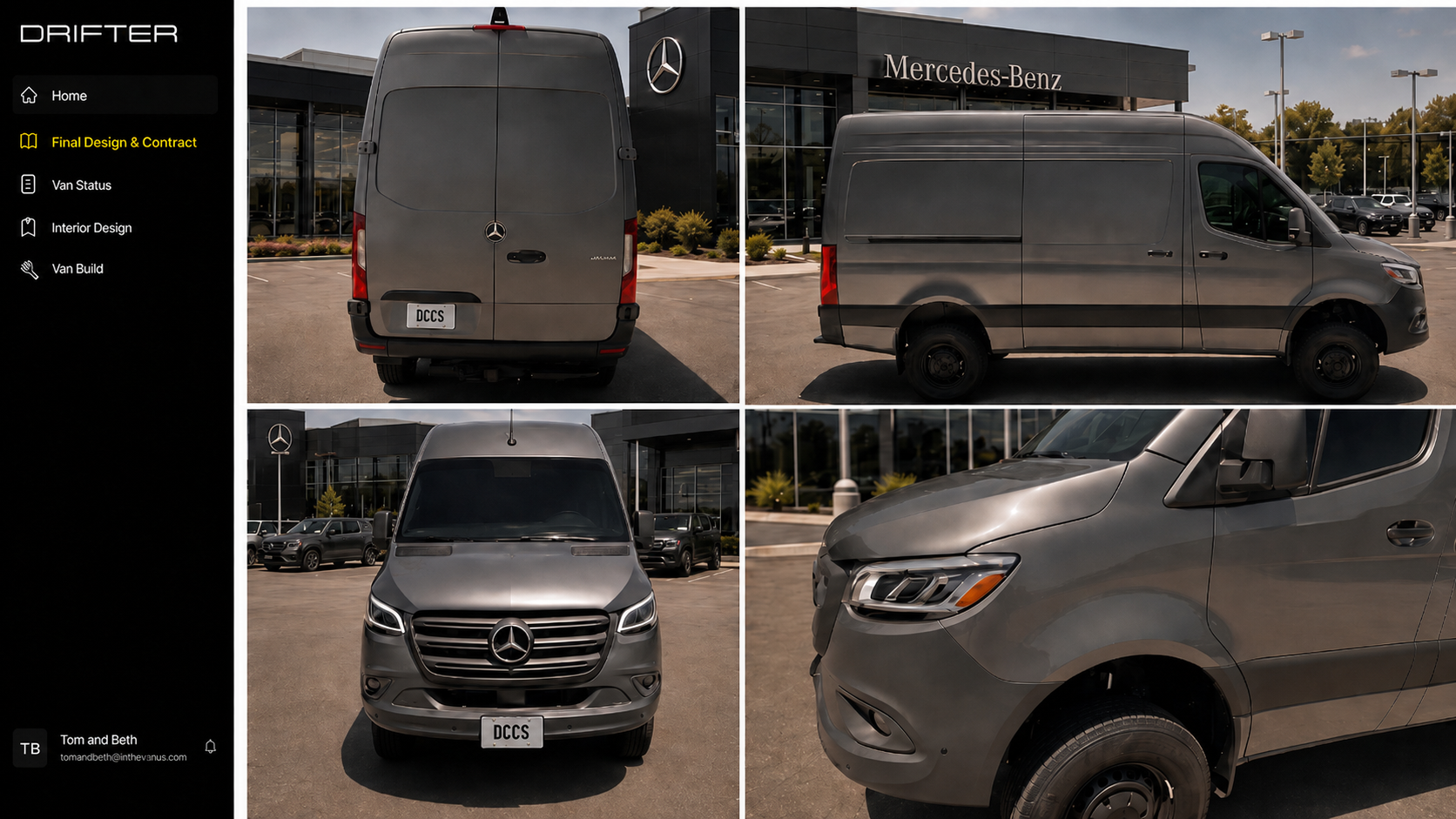 Drifter Owner Studio showing a chassis photographed at the Mercedes-Benz dealership