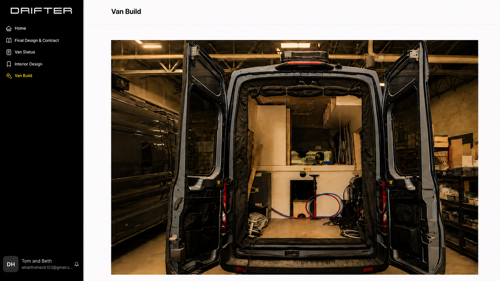 Drifter Owner Studio Van Build page showing the interior mid-construction