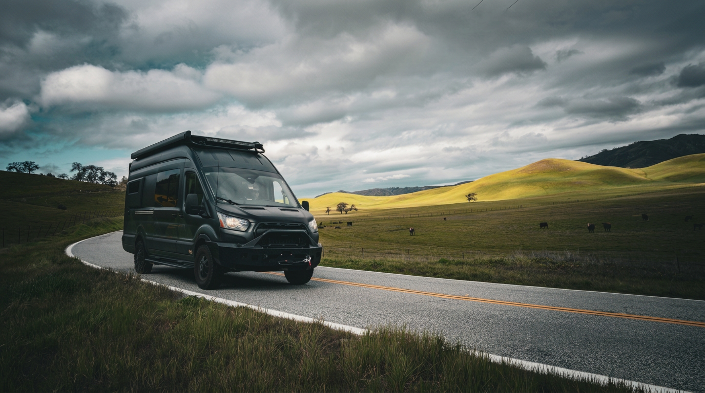 Black Drifter campervan on a winding road through green hills