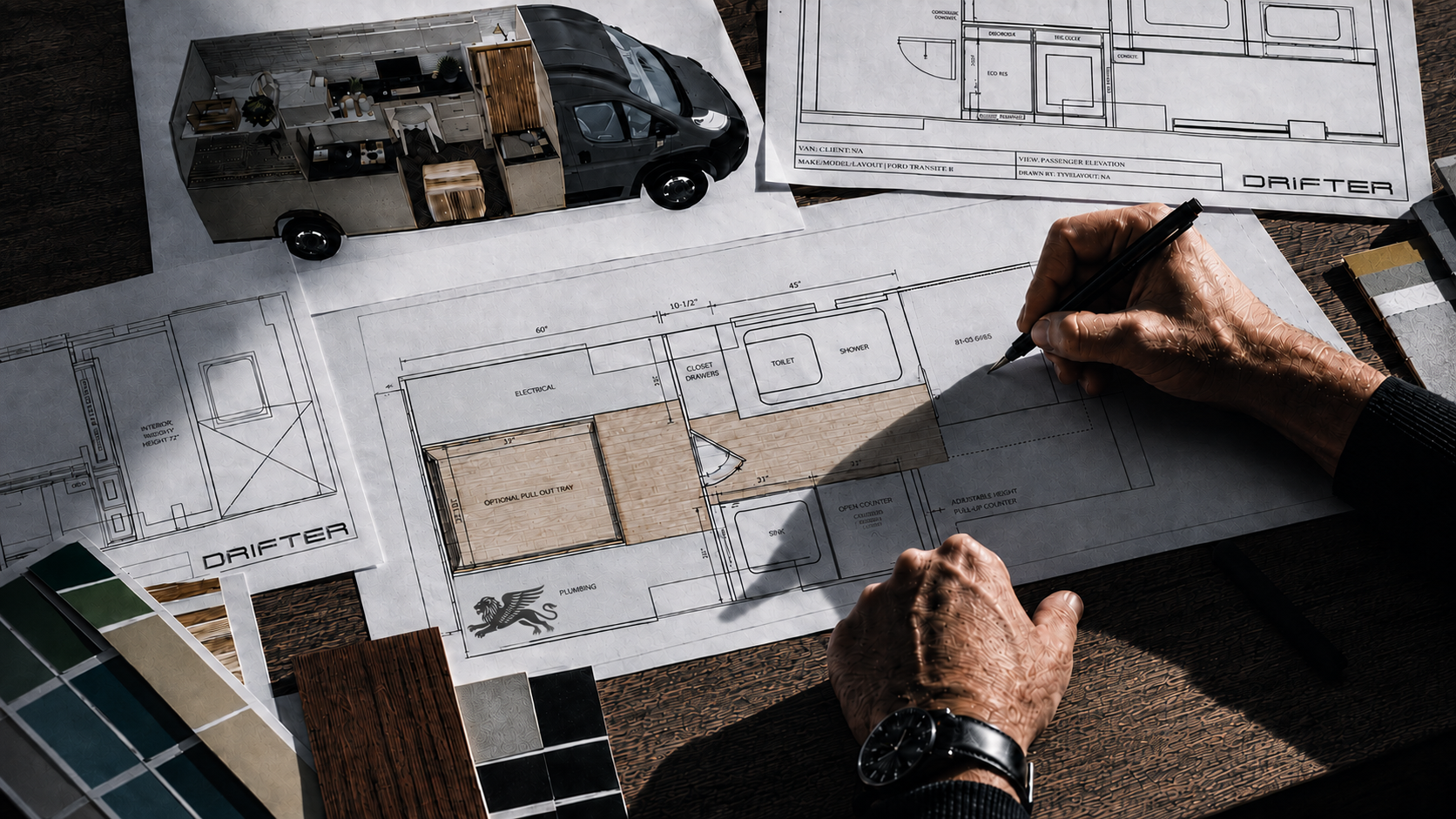 Hands drafting a Drifter campervan floor plan over blueprints and material swatches