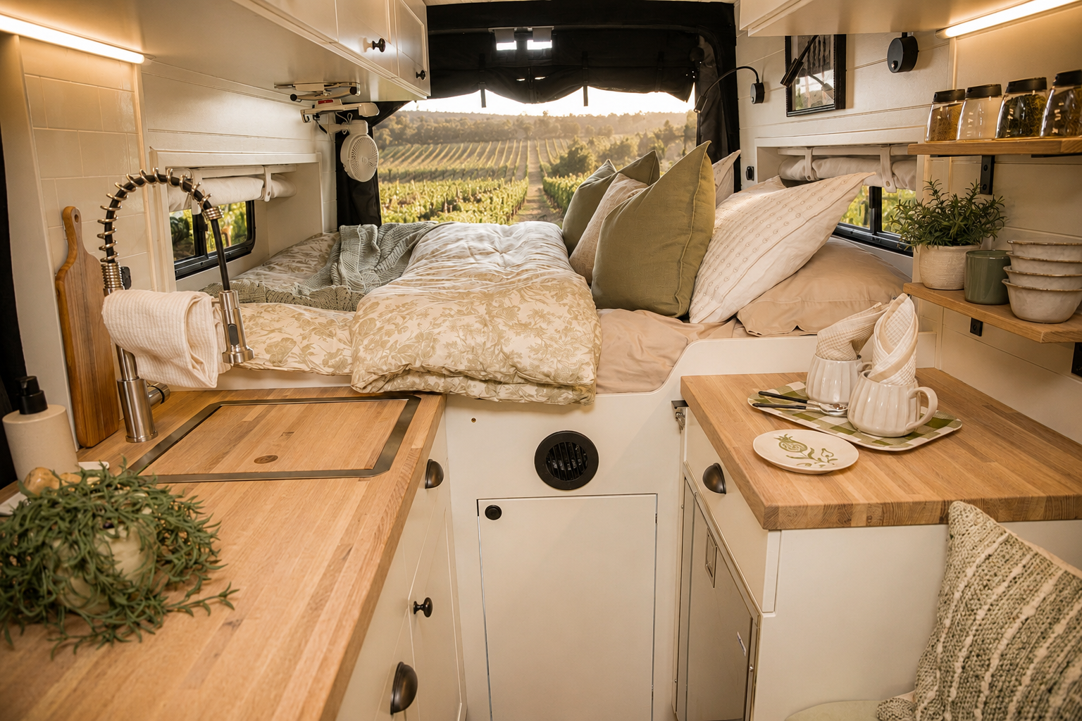Bright Drifter campervan interior with butcher-block counters and a made bed overlooking a vineyard