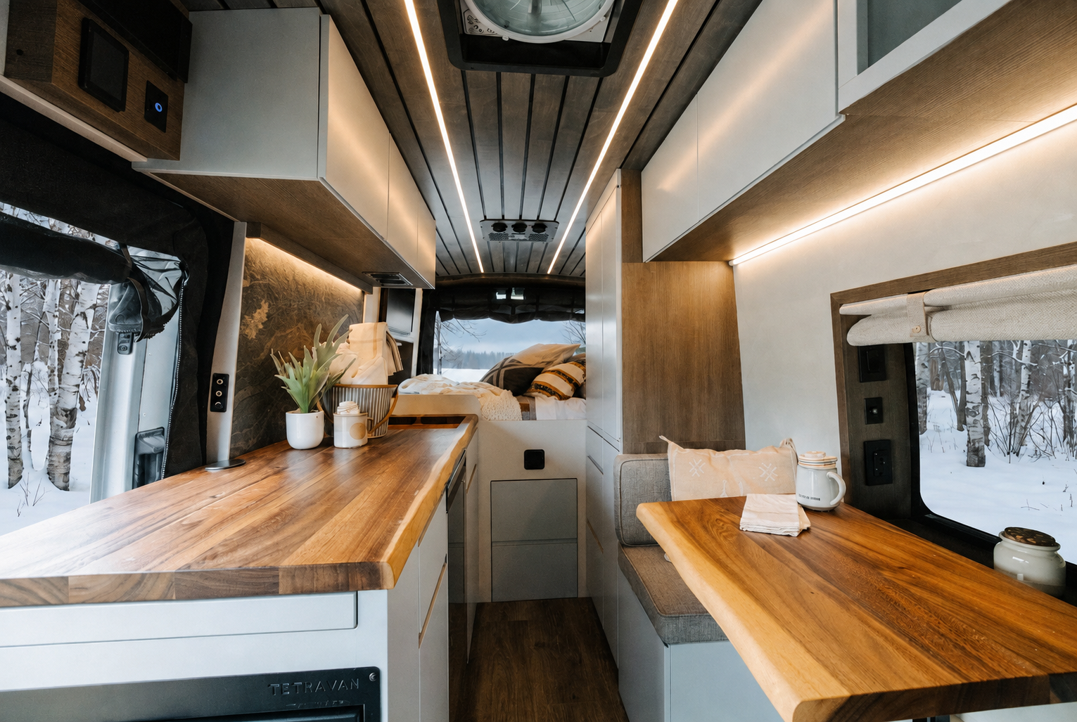 Drifter campervan interior with butcher-block counters and snowy birch woods through the windows