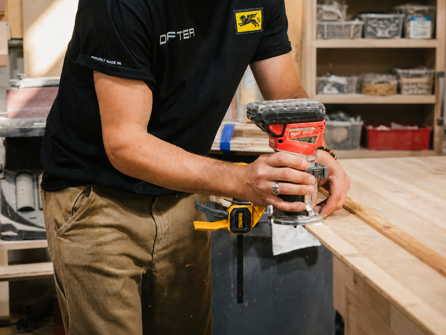 Drifter craftsperson routing a hardwood countertop edge in the Southfield workshop