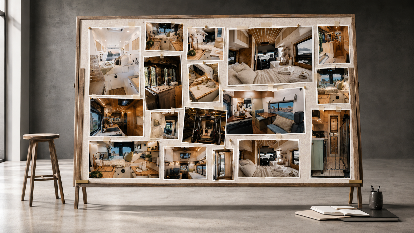Inspiration board of campervan interior photographs gathered before the first design conversation