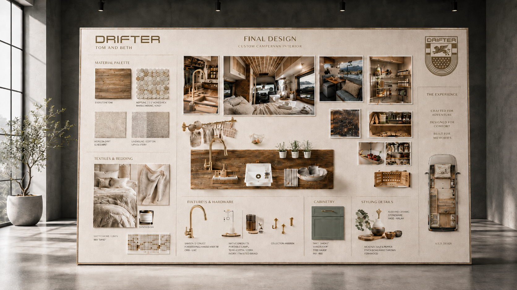 Drifter final design board with material palette, textiles, hardware, and interior selections for a commission