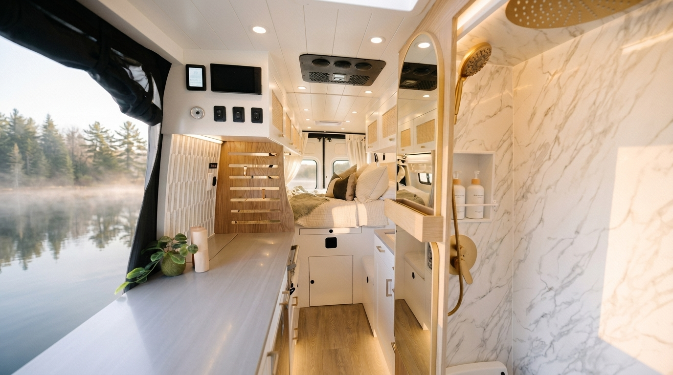 Finished Drifter campervan interior with light cabinetry and a marble-finish wet bath, lakeside