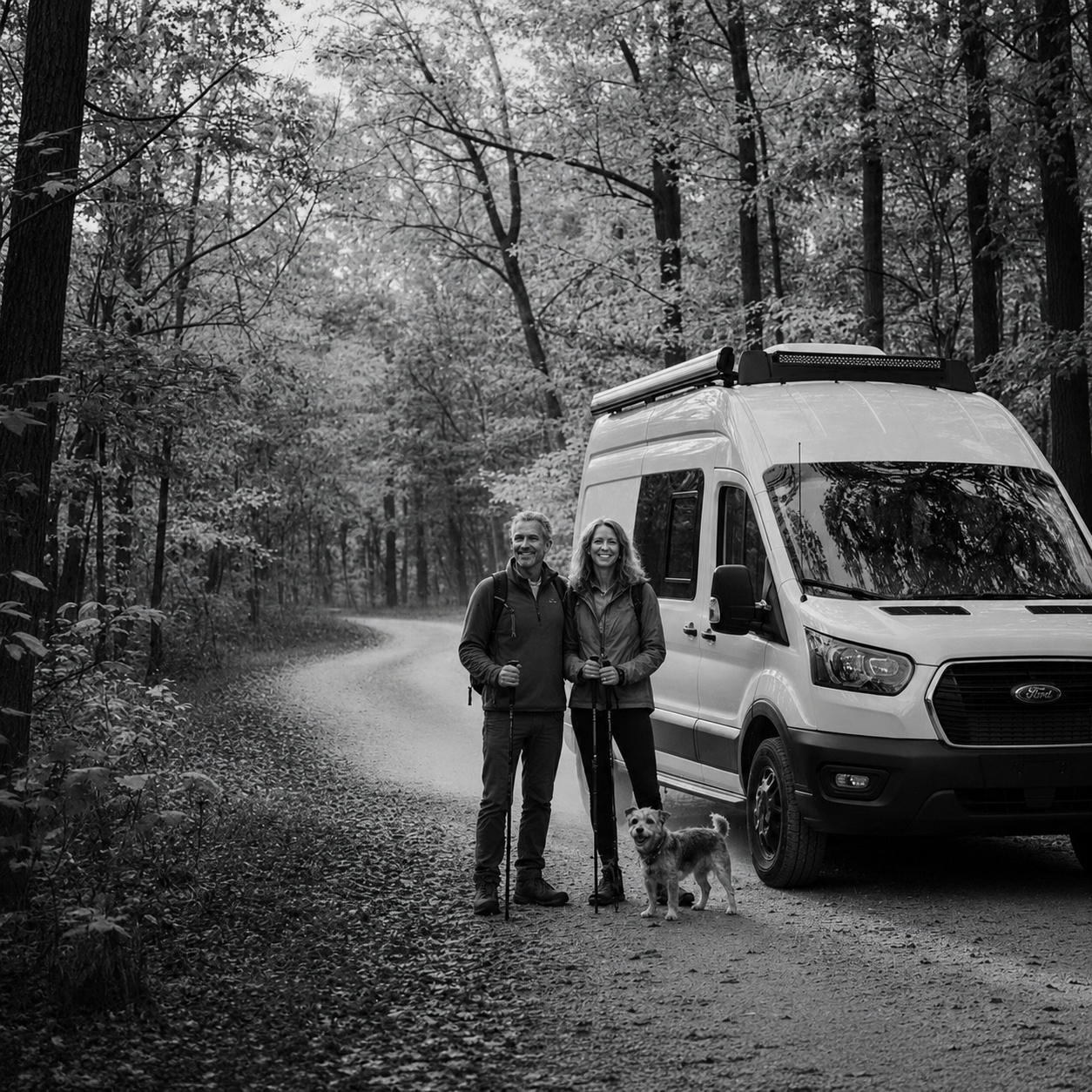 Owners with trekking poles and their dog beside their Drifter campervan on a forest road