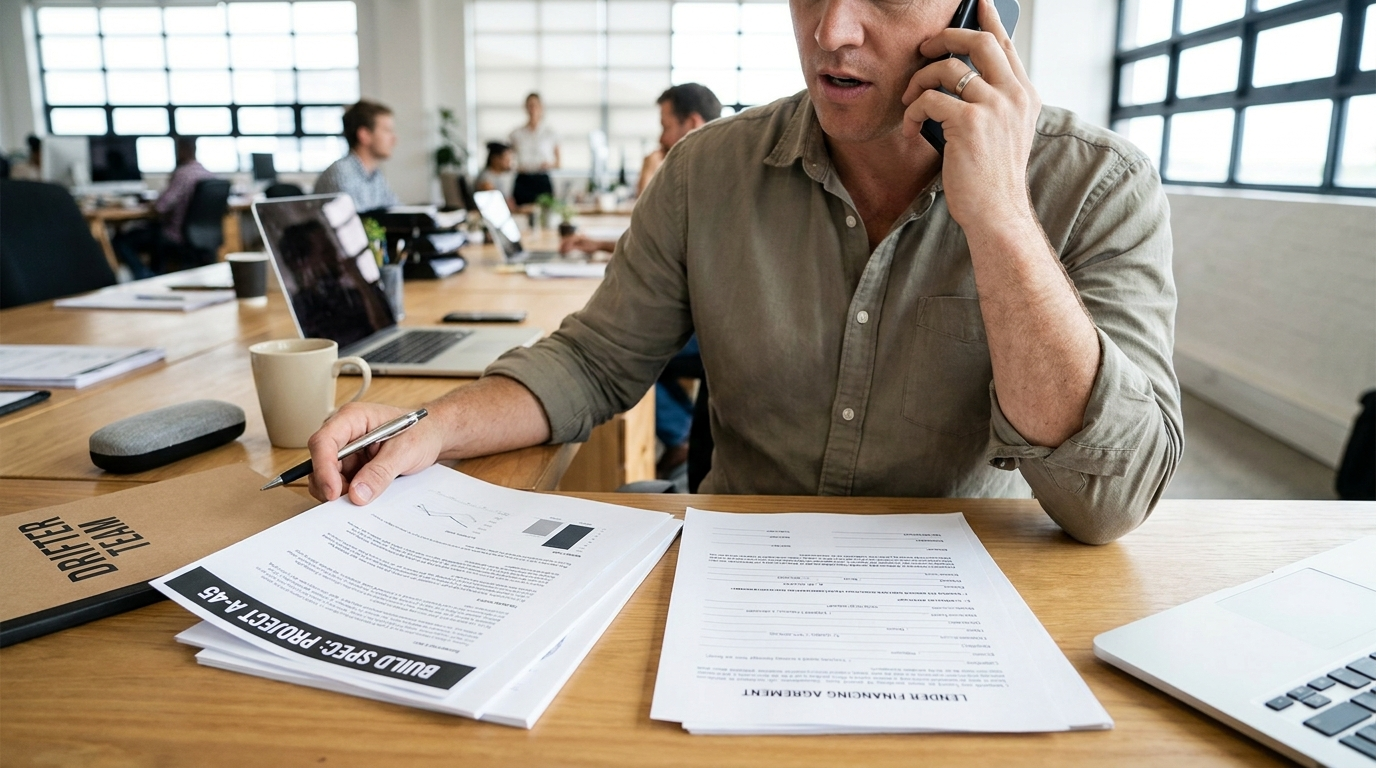 Drifter team member on the phone with a specialized lender, build spec and financing documents on the desk