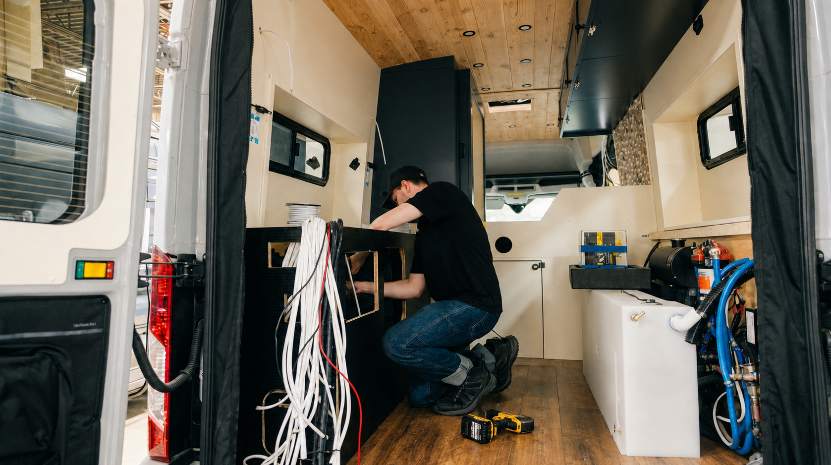 Drifter craftsperson installing cabinetry and wiring inside a campervan mid-build