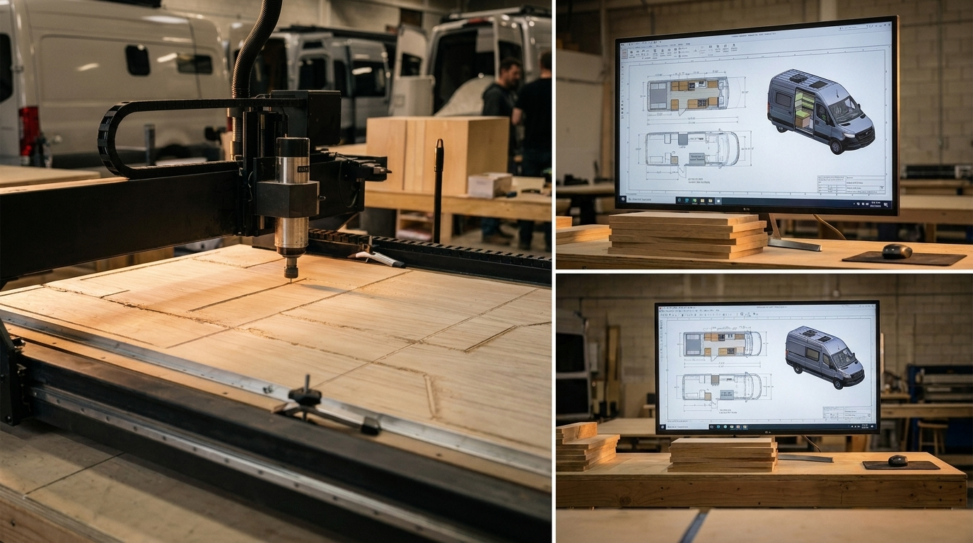 CNC router cutting cabinetry panels beside Drifter floor plan drawings in the workshop