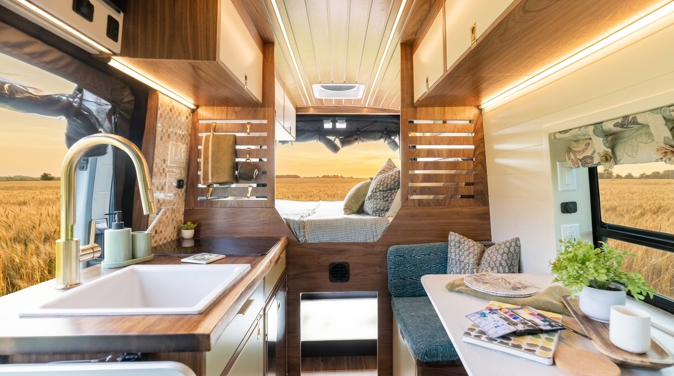 Finished Drifter campervan interior with walnut cabinetry, teal dinette, and open rear doors to a wheat field