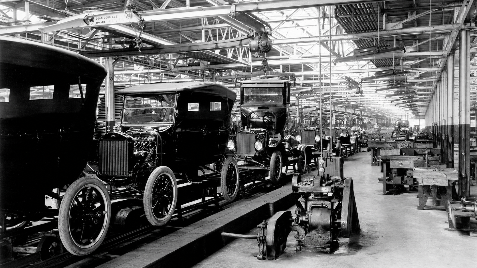 Assembly line at an early Ford plant in Michigan