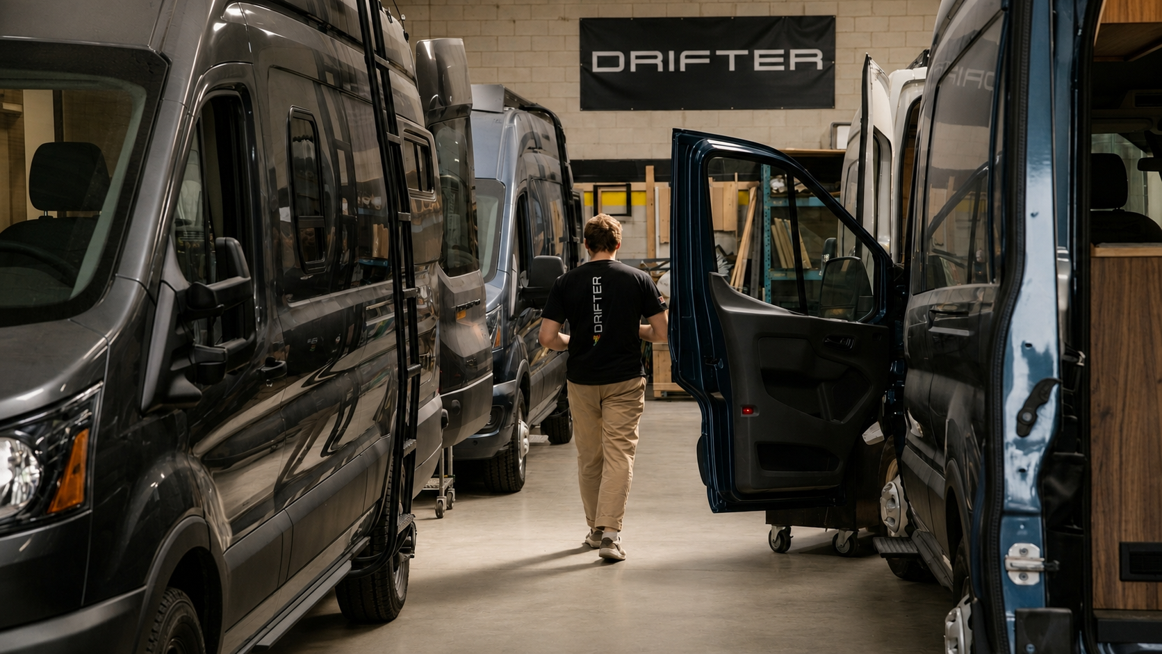 Drifter co-owner Kim Lucine walking the production floor between vans in build