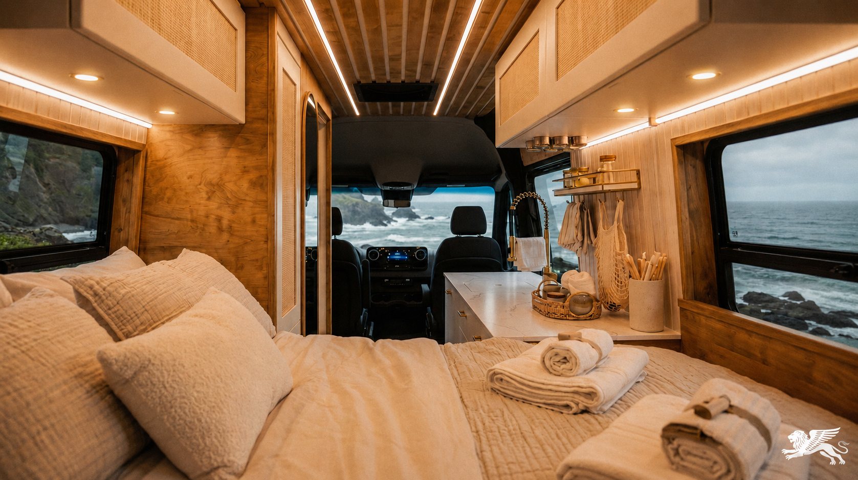 Drifter campervan interior with a made bed and ocean views through the windows