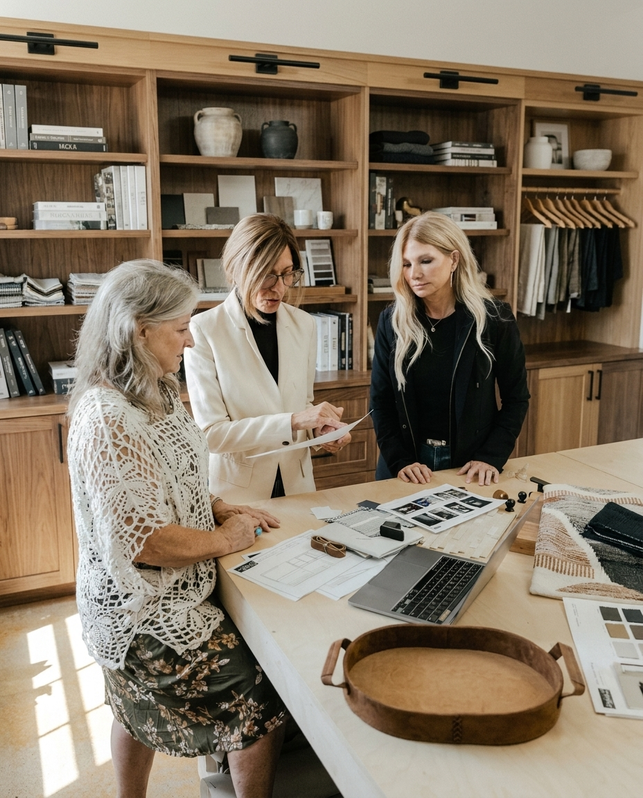Drifter's three interior designers reviewing plans and samples at the studio worktable