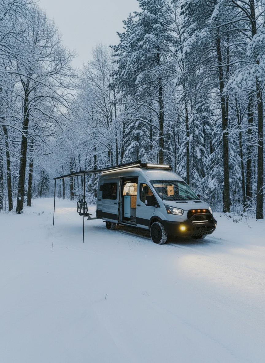 The Drifter 101 custom Ford Transit campervan built for Edward and Caroline by Drifter Vans, with Gossamer Blue Shaker cabinetry, birch butcher block countertop, Swan tile backsplash, and antique gold hardware
