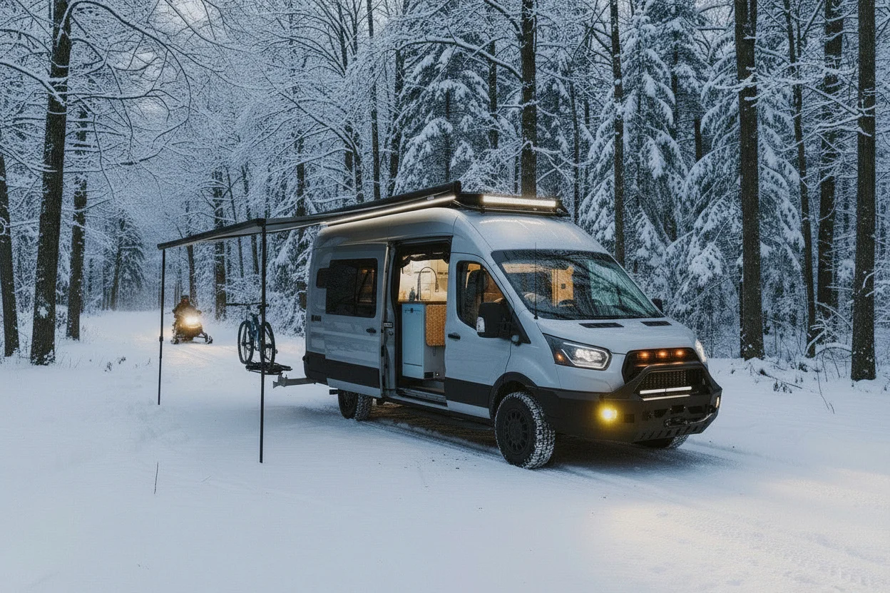 The Drifter 101 custom Ford Transit campervan built for Edward and Caroline by Drifter Vans, with Gossamer Blue Shaker cabinetry, birch butcher block countertop, Swan tile backsplash, and antique gold hardware