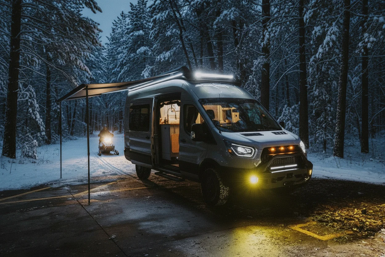 The Drifter 101 custom Ford Transit campervan built for Edward and Caroline by Drifter Vans, with Gossamer Blue Shaker cabinetry, birch butcher block countertop, Swan tile backsplash, and antique gold hardware