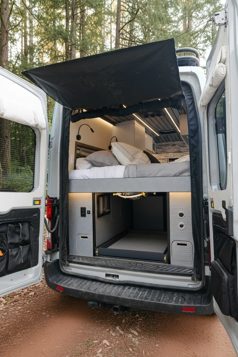 The Drifter 101 custom Ford Transit campervan built for Aron and Jamie by Drifter Vans, with GEM limewash walls, walnut countertop, an electric standing desk, and dual remote work stations