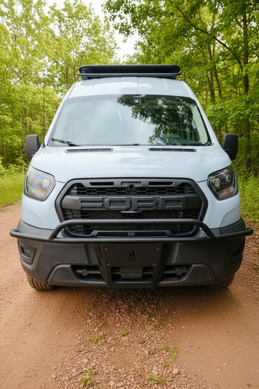 The Drifter 101 custom Ford Transit campervan built for Aron and Jamie by Drifter Vans, with GEM limewash walls, walnut countertop, an electric standing desk, and dual remote work stations