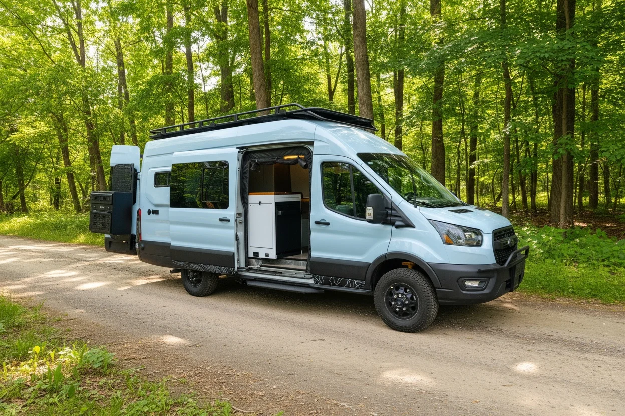 The Drifter 101 custom Ford Transit campervan built for Aron and Jamie by Drifter Vans, with GEM limewash walls, walnut countertop, an electric standing desk, and dual remote work stations