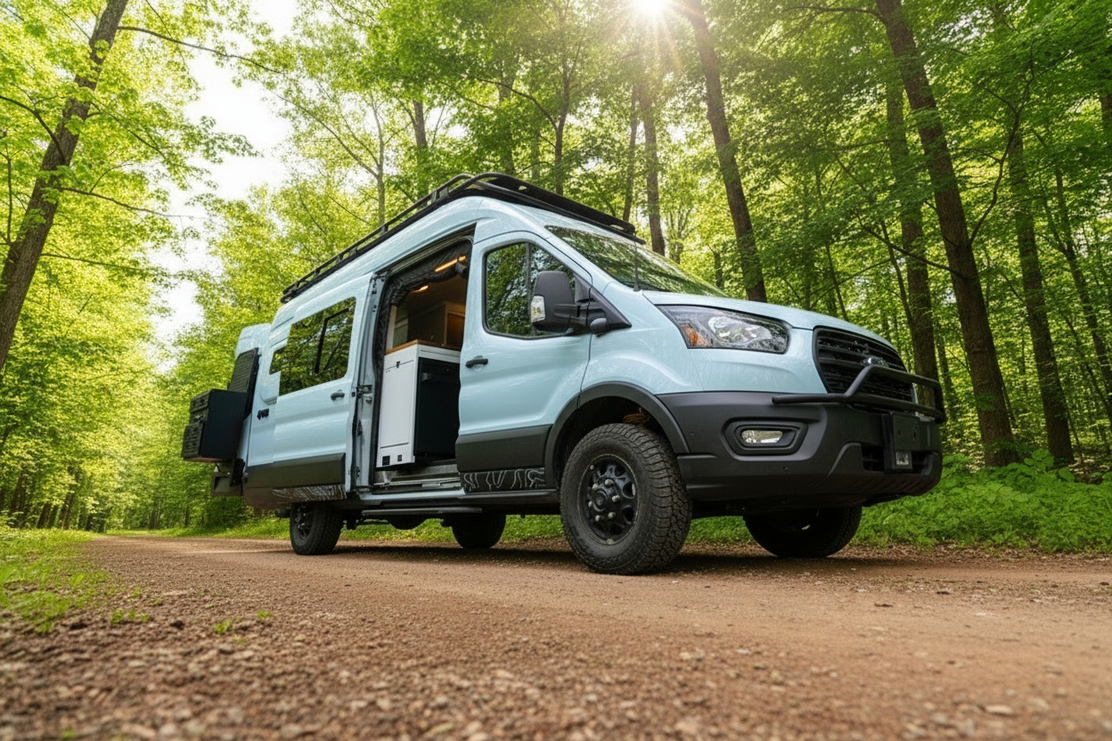 The Drifter 101 custom Ford Transit campervan built for Aron and Jamie by Drifter Vans, with GEM limewash walls, walnut countertop, an electric standing desk, and dual remote work stations