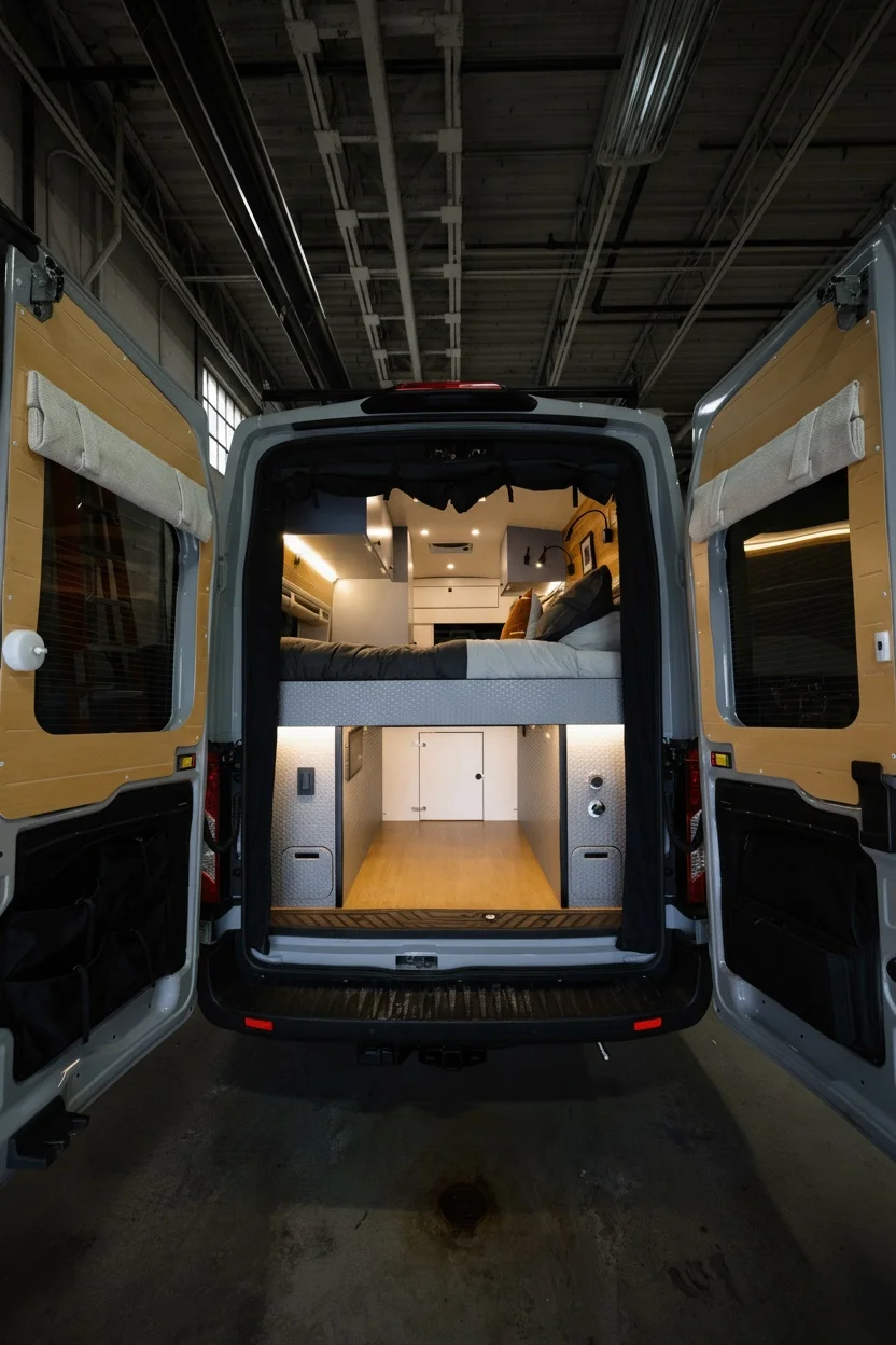 The Drifter 101 custom Ford Transit campervan built for Derek by Drifter Vans, Wanderer layout with a rear Overland Kitchen, knotty pine walls, and grey cabinetry