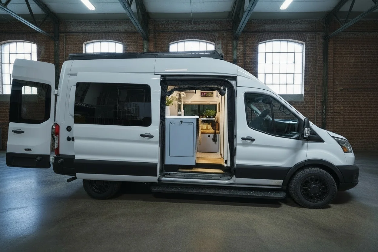 The Drifter 101 custom Ford Transit campervan built for Derek by Drifter Vans, Wanderer layout with a rear Overland Kitchen, knotty pine walls, and grey cabinetry