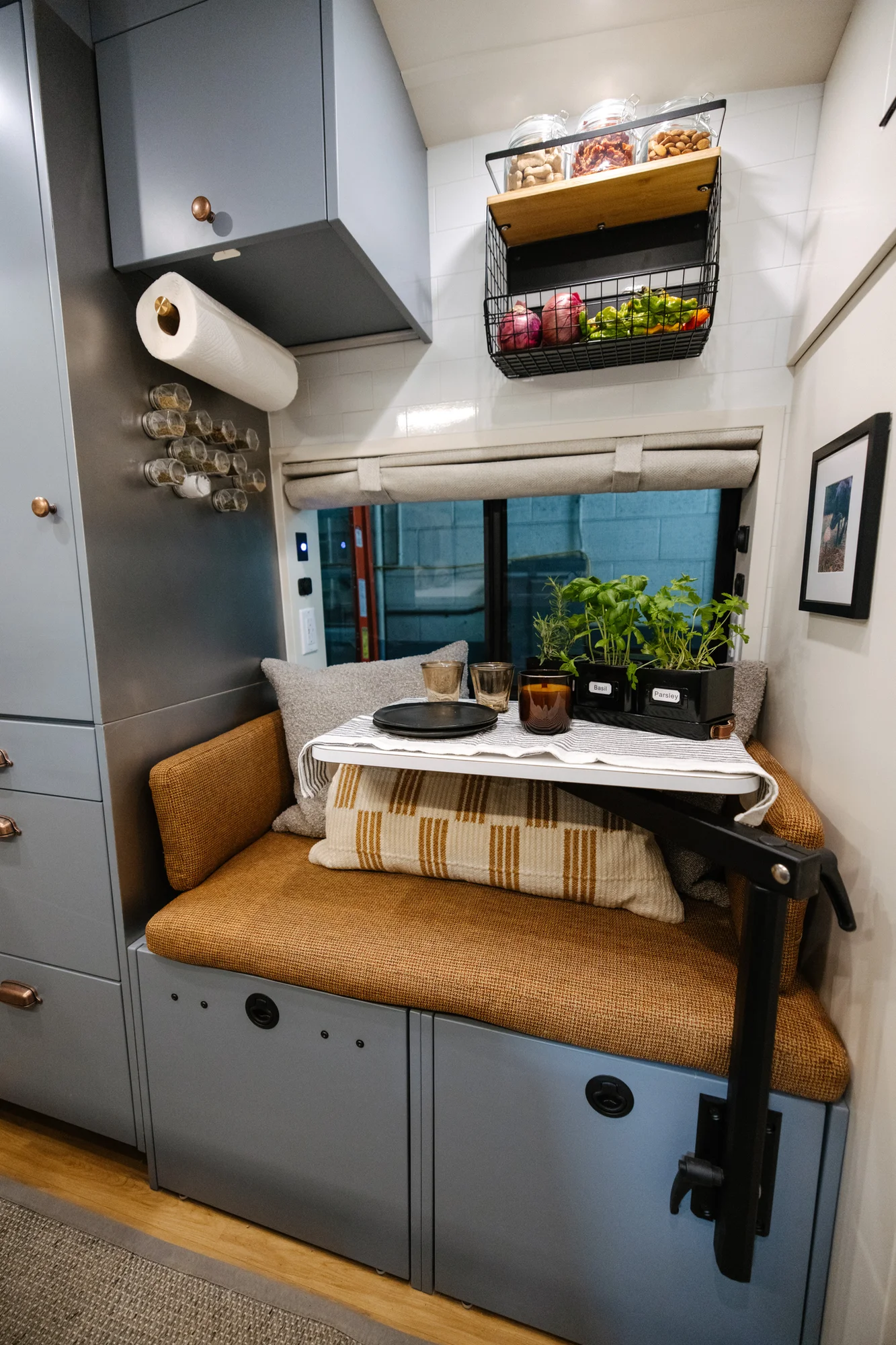 The Drifter 101 custom Ford Transit campervan built for Derek by Drifter Vans, Wanderer layout with a rear Overland Kitchen, knotty pine walls, and grey cabinetry