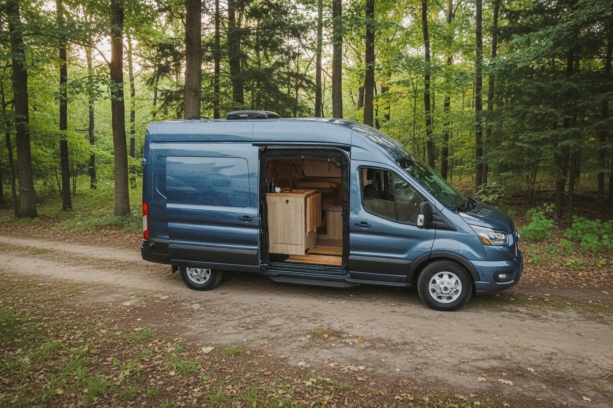 The Drifter 101 custom Ford Transit campervan built for Ken and Terry by Drifter Vans, with cedar plank walls, ambient lighting, and a compact dinette