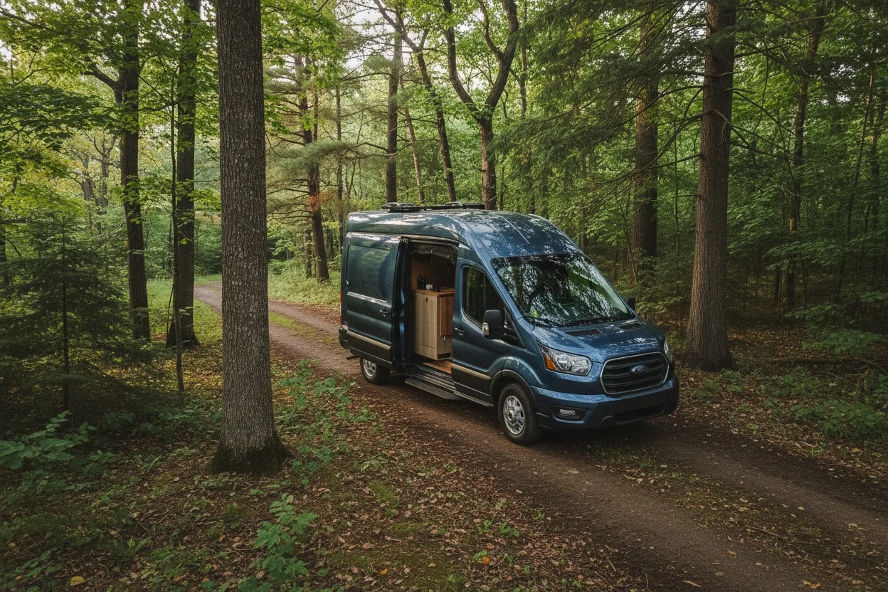 The Drifter 101 custom Ford Transit campervan built for Ken and Terry by Drifter Vans, with cedar plank walls, ambient lighting, and a compact dinette