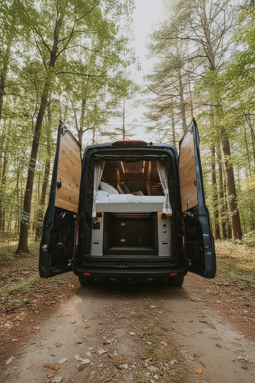 The Drifter 101 custom Ford Transit campervan built for Ken and Terry by Drifter Vans, with cedar plank walls, ambient lighting, and a compact dinette