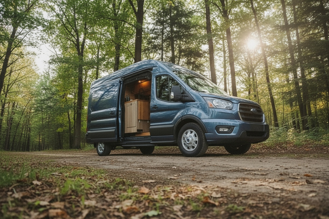 The Drifter 101 custom Ford Transit campervan built for Ken and Terry by Drifter Vans, with cedar plank walls, ambient lighting, and a compact dinette