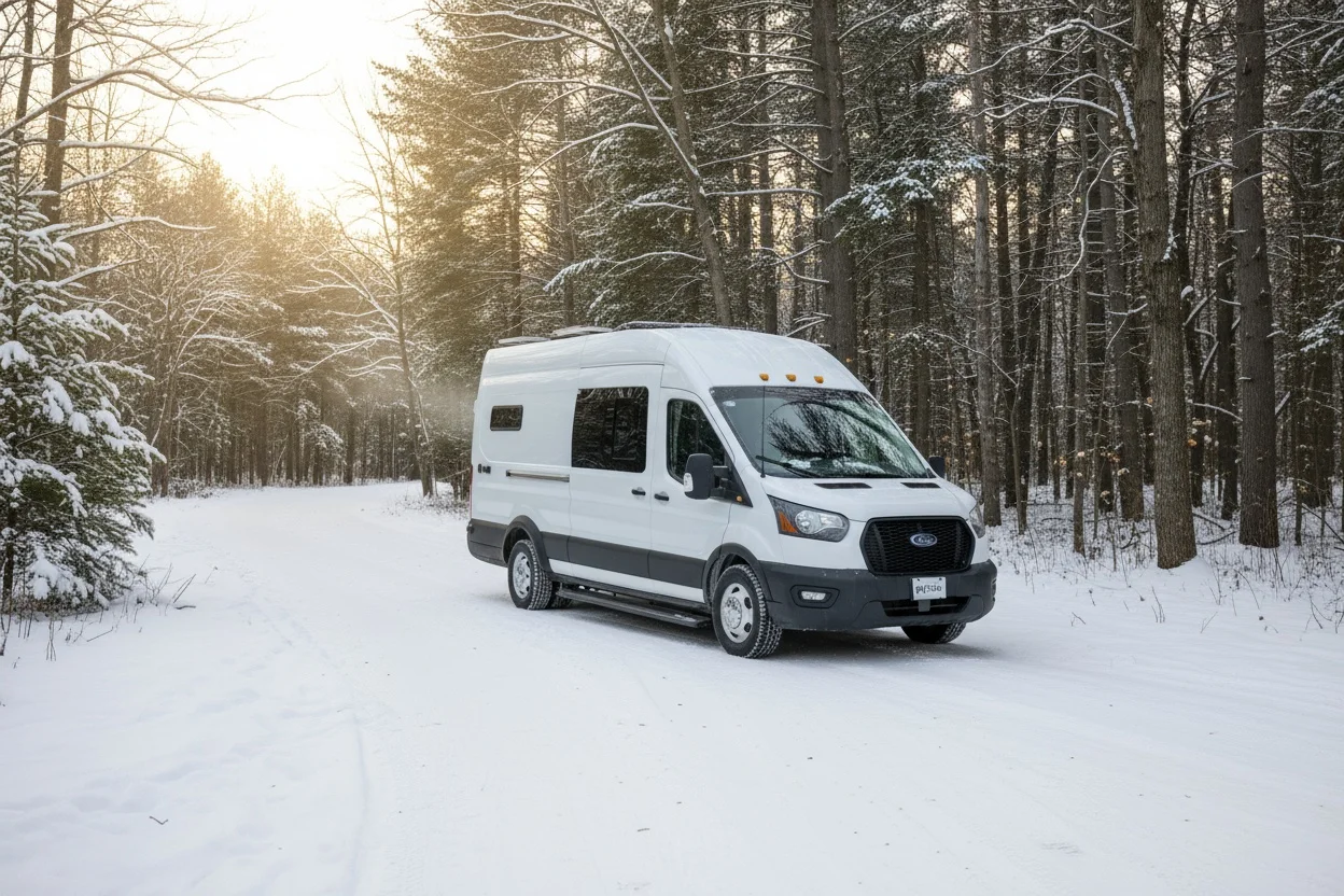 The Drifter 101 custom Ford Transit campervan built for Agnes by Drifter Vans, Drifter layout with sage green cabinetry, a Tetra shower, and Trelino composting toilet