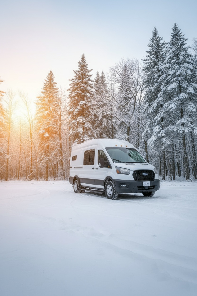 The Drifter 101 custom Ford Transit campervan built for Agnes by Drifter Vans, Drifter layout with sage green cabinetry, a Tetra shower, and Trelino composting toilet