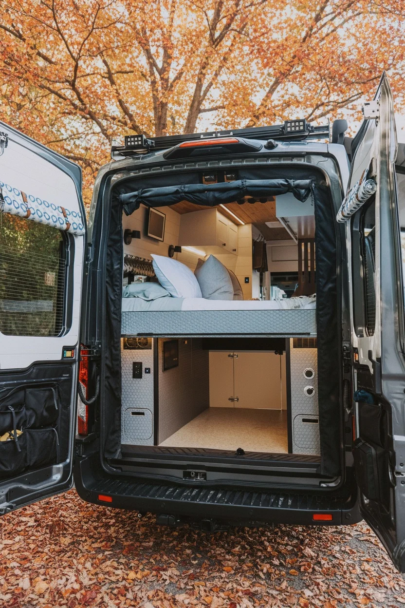 The Drifter 101 custom Ford Transit campervan built for Charlie and Linda by Drifter Vans, Nomadik layout with a Vermont slate shower, sky-blue cabinetry, and butcher block countertop
