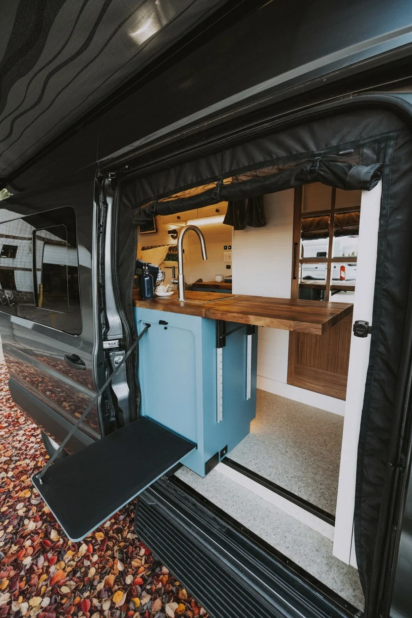 The Drifter 101 custom Ford Transit campervan built for Charlie and Linda by Drifter Vans, Nomadik layout with a Vermont slate shower, sky-blue cabinetry, and butcher block countertop