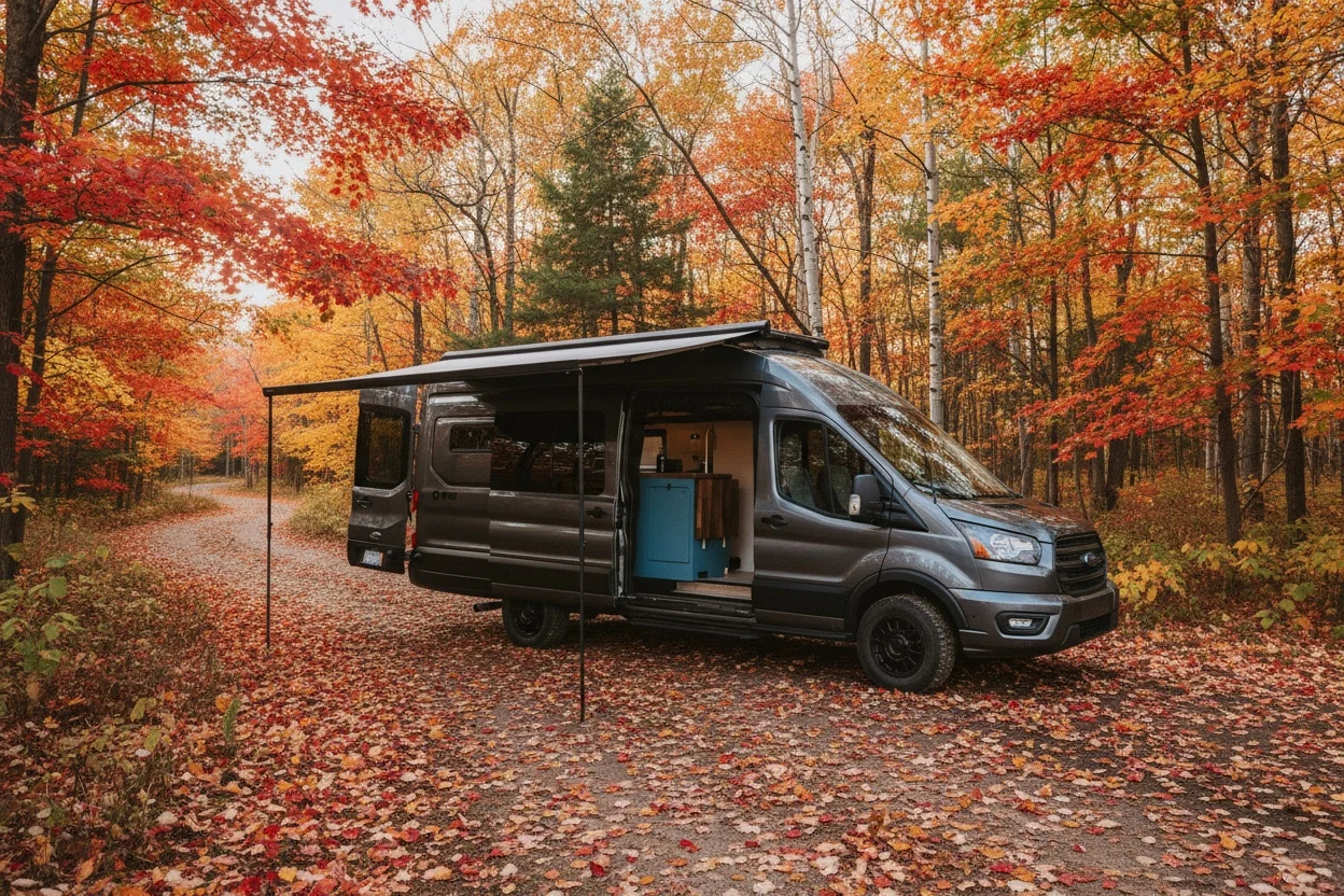 The Drifter 101 custom Ford Transit campervan built for Charlie and Linda by Drifter Vans, Nomadik layout with a Vermont slate shower, sky-blue cabinetry, and butcher block countertop