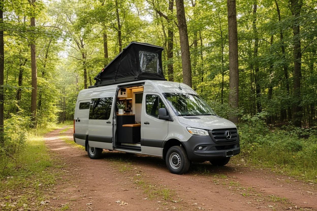The Drifter 101 custom Mercedes-Benz Sprinter campervan built for Amber by Drifter Vans, with a pop-top sleeping area, navy cabinetry, butcher block counters, and gold hardware