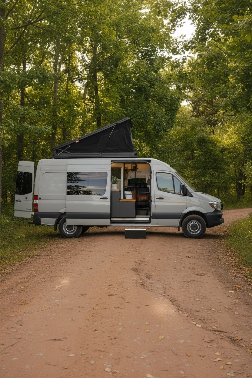 The Drifter 101 custom Mercedes-Benz Sprinter campervan built for Amber by Drifter Vans, with a pop-top sleeping area, navy cabinetry, butcher block counters, and gold hardware