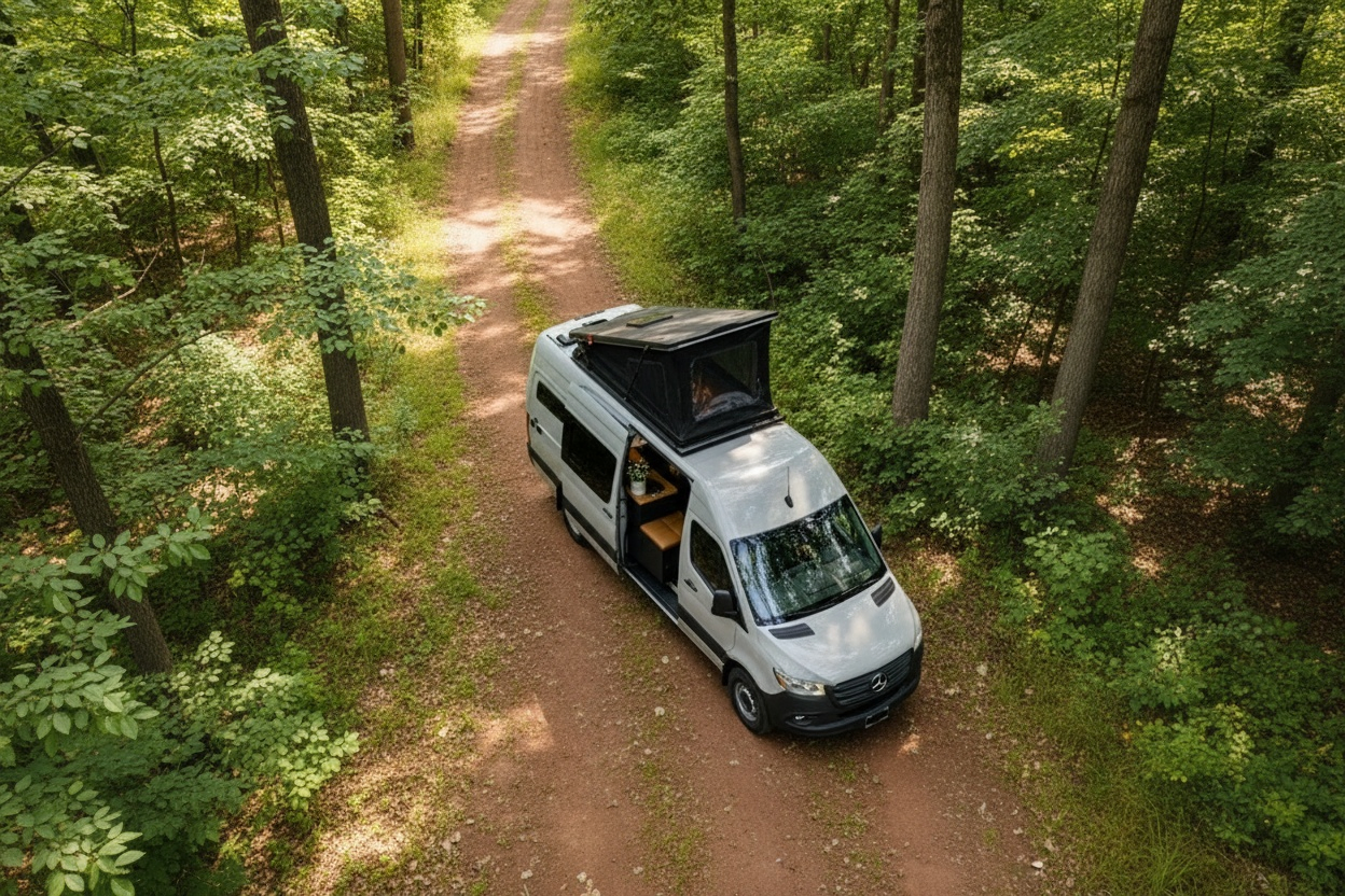 The Drifter 101 custom Mercedes-Benz Sprinter campervan built for Amber by Drifter Vans, with a pop-top sleeping area, navy cabinetry, butcher block counters, and gold hardware