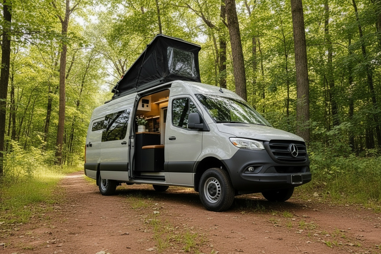 The Drifter 101 custom Mercedes-Benz Sprinter campervan built for Amber by Drifter Vans, with a pop-top sleeping area, navy cabinetry, butcher block counters, and gold hardware