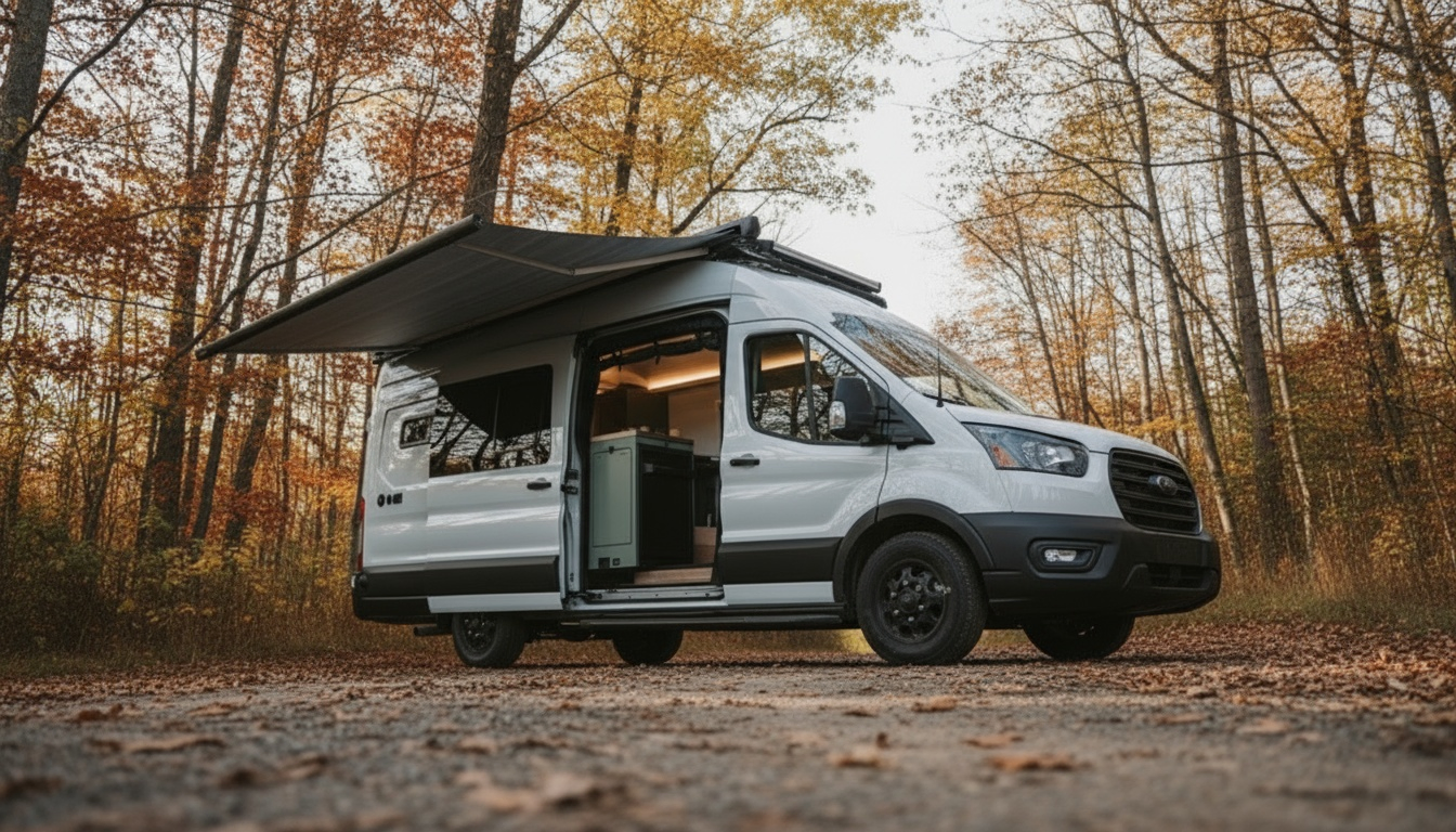 The Drifter 101 custom Ford Transit campervan built for Kristina by Drifter Vans, Drifter layout with a Moroccan-inspired blue tile backsplash, warm wood cabinetry, and a built-in dog nook