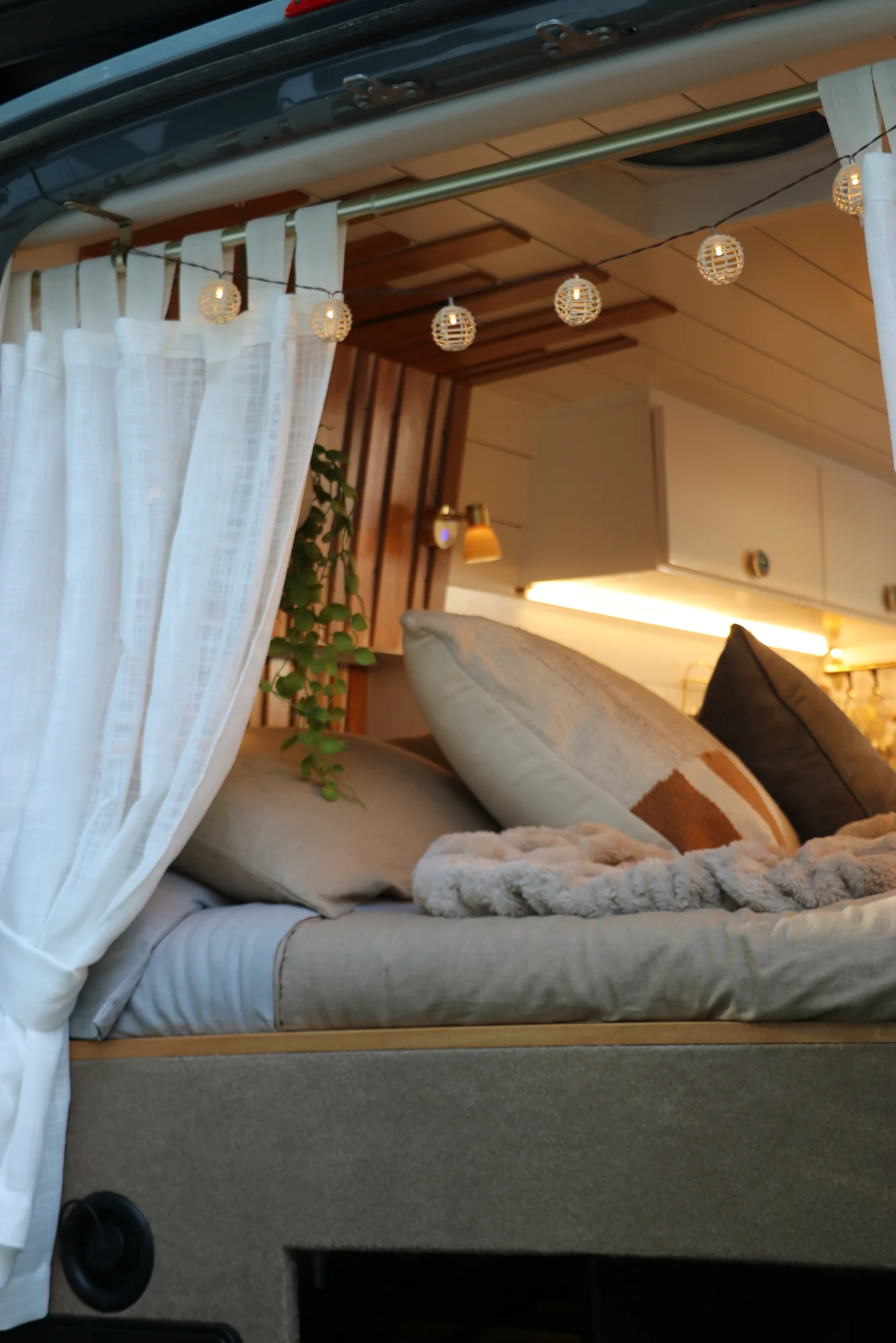 The Drifter 101 custom Ford Transit campervan built for Nikki and Rocco by Drifter Vans, boho interior with an arched wood shower door, gold details, string lights, and hanging plants